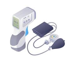 misurare temperatura e sangue pressione Infografica tecnologia 3d illustrazione piatto isometrico vettore