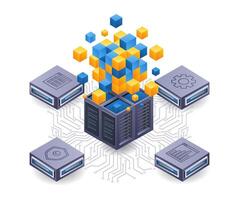 blockchain Rete server tecnologia isometrico piatto illustrazione vettore