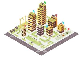 illustrazione vettoriale di colore isometrica eco città. infografica edifici commerciali. produzione di energia rinnovabile. concetto di città intelligente 3d. ambiente ecologico e sostenibile. elemento di design isolato