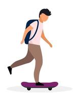 skateboarder, pattinatore con illustrazione vettoriale piatto zaino. skateboarding scolaro. personaggio dei cartoni animati del pattino di guida dell'adolescente isolato su priorità bassa bianca. ragazzo della scuola moderna, bambino si diverte