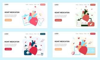 set di modelli di landing page piatti per farmaci per il cuore, ricerca sulle malattie cardiache, sistema cardiovascolare, colesterolo, visita medica. medico, farmacia, clinica per sito Web, applicazione mobile dell'interfaccia utente. vettore