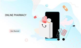 pagina di destinazione del concetto di app di farmacia, assistenza sanitaria, farmacia e e-commerce online. vettore di farmaci da prescrizione, kit di pronto soccorso e forniture mediche venduti online tramite applicazione web o smartphone.