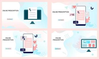 set di pagine di destinazione di farmacia online, assistenza sanitaria, concetto di app farmacia. vettore di farmaci da prescrizione online, kit di pronto soccorso e forniture mediche vendute online tramite applicazione web o smartphone.