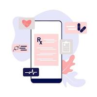 documento digitale di prescrizione medica online o rapporto sui risultati dei test online sullo schermo del computer mobile. concetto di farmacia farmacia, diagnosi, ospedale, assistenza sanitaria. illustrazione vettoriale piatto.