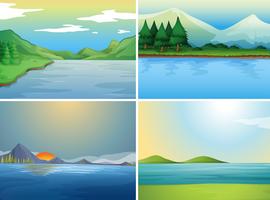 Quattro scene di sfondo con lago e colline vettore