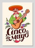cinco de mayo celebrazione manifesto. verticale sfondo con messicano giochi chitarra. messicano personaggi tradizionale contento persone musicisti nel sombrero. mano scritta. scarabocchio illustrazione. vettore