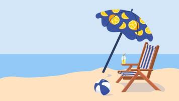 spiaggia orizzontale sfondo. parasole, spiaggia lettino e gonfiabile sfera. semplice estate modello per ragnatela, striscione, saldi. estate brezza, luce del sole e mare. piatto illustrazione. vettore