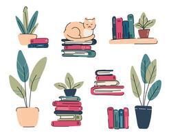 libri impostato icone nel piatto cartone animato design. pile di libri per lettura, mucchio di libri di testo per formazione scolastica, gatto di libri. illustrazione vettore