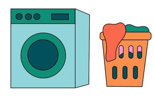 pulizia impostato elementi. collezione di pulizia Strumenti. lavaggio macchina. lavanderia cestino con Abiti. piatto illustrazione. vettore