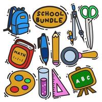 grafica vettoriale dell'illustrazione del pacchetto scolastico, icona carina di doodle, con le cose della scuola. adattarsi al tema della scuola e scarabocchiare l'arte