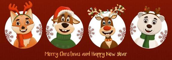 banner con simpatici animali natalizi invernali. volpe, cane, cervo, orso. buon Natale e Felice Anno nuovo. illustrazione vettoriale. vettore