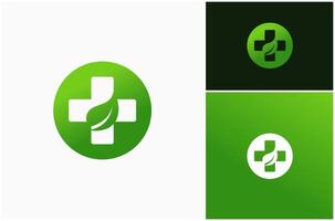 medico medicina ospedale farmacia assistenza sanitaria foglia verde naturale logo design illustrazione vettore