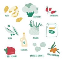 illustra un' medley di finocchio, broccoli, rosa fianchi, noccioline, latte, oliva olio, e piselli, promozione freschezza, biologico scelte, e un' equilibrato, a base vegetale dieta. ricco nel antiossidanti e Noce vettore