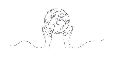 minimalista linea disegno di mani Tenere pianeta terra. il concetto di pace per le persone. illustrazione su un' bianca sfondo vettore