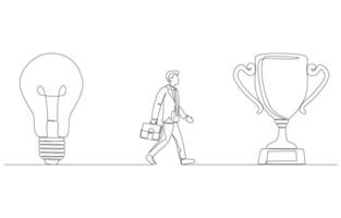 continuo uno linea disegno di uomo d'affari a piedi a partire dal leggero lampadina per trofeo, idea di successo, visione per attività commerciale vittoria concetto, singolo linea arte. vettore