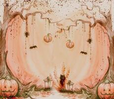 un' raccapricciante paesaggio di il autunno foresta nel Marrone e ocra colori, con un' gatto, zucche, alberi, un' ragno. acquerello illustrazione. sfondo per decorazione e design per Halloween. vettore
