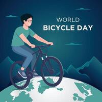 mondo bicicletta giorno illustrazione. bicicletta equitazione su globo. vettore