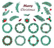 ghirlanda natalizia con bacche e pigne, rami di abete e iscrizioni. set di elementi per cartoline di design invernale. vettore