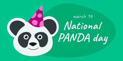 nazionale panda giorno è marzo 16. vacanza carta. testa di carino orso nel festivo cappello. museruola di nero e bianca sorridente animale su verde. bandiera con testo di festivo evento. piatto design. illustrazione vettore