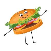 simpatico personaggio hamburger con emozioni felici, viso, sorriso, occhi, braccia e gambe. persona allegra fast food, panino con espressione gioiosa. illustrazione vettoriale piatta di prodotti e pasti a base di carne