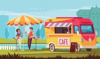 composizione di autobus street cafe vettore