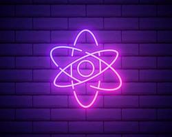 atomo con insegna al neon. icona della luce della struttura dell'atomo. illustrazione vettoriale per il design. concetto di fisica. isolato su muro di mattoni