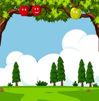 Scena con alberi di mele e campo verde vettore