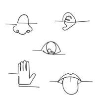 illustrazione disegnata a mano di cinque sensi umani con lo stile artistico della linea scarabocchio vettore