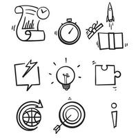 icone della linea di avvio disegnate a mano. progetto di lancio, business report e target. set di icone lineare di strategia. linea di qualità impostata. vettore.doodle vettore