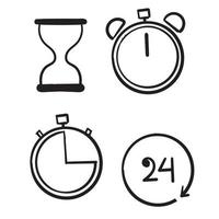 set di tempo e orologio disegnato a mano. gestione del tempo. timer, velocità, sveglia, ripristino, gestione del tempo, simbolo doodle vettore