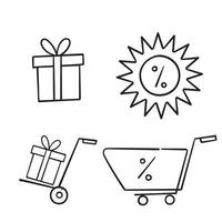 set di icone di scatole regalo disegnate a mano, come regalo, sconto, pacchetto, cartellino del prezzo. illustrazione vettoriale isolato per grafica e web design. scarabocchio