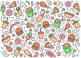 set di doodle disegnato a mano fast food. illustrazione vettoriale. vettore