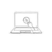 scarabocchio disegnato a mano premere a mano il pulsante di riproduzione video sull'illustrazione del computer portatile con disegno a linea continua vettore