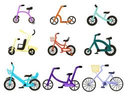 un set di biciclette per bambini di diversi colori e design vettore