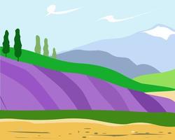 paesaggio con campi di lavanda e montagne vettore