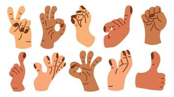 collezione di gesto segni a partire dal umano mani. un' impostato di dita mostrando emozioni e indicazioni. gesto dito nel piatto design. comunicazione espressioni con mano cartello nel di moda stile. icona vettore