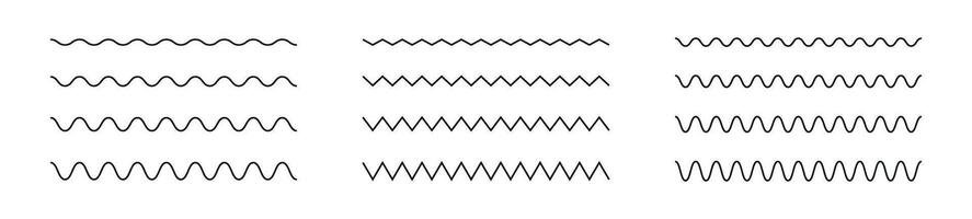 ondulato e zigzag Linee modello con increspature e ondulato colpi. dinamico serrato curve. piatto illustrazione isolato su bianca sfondo. vettore