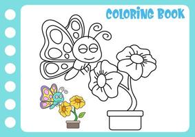 disegno e colorazione per bambini. disegno farfalle e fiori vettore