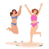 contento ragazze salto su su spiaggia. allegro donne nel costumi da bagno, eccitato di estate vacanza. positivo energico femmina. piatto grafico illustrazione isolato su bianca sfondo vettore