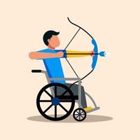 cartone animato illustrazione di un' persona utilizzando un' sedia a rotelle giocando tiro con l'arco. parà atleta paralimpico tiro con l'arco. vettore