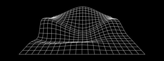 griglia prospettiva deformazione. bianca terreno wireframe su nero sfondo. sollievo ingranato struttura. distorto reticolo superficie. vettore