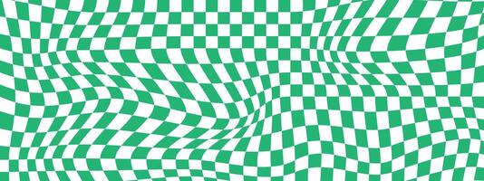 distorto verde e bianca scacchiera sfondo. vertiginoso scacchi visivo illusione. psichedelico modello con deformato piazze. trippy scacchiera superficie. vettore