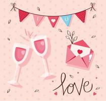biglietto di auguri di san valentino con tazze di vino e decorazioni vettore
