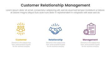 crm cliente relazione gestione Infografica 3 punto palcoscenico modello con pulito e semplice informazione su orizzontale direzione per diapositiva presentazione vettore