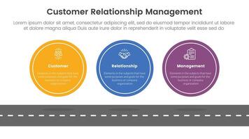 crm cliente relazione gestione Infografica 3 punto palcoscenico modello con grande cerchio simmetrico orizzontale su superiore di carreggiata per diapositiva presentazione vettore