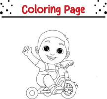 poco ragazzo equitazione triciclo agitando colorazione pagina per bambini. nero e bianca illustrazione per colorazione libro vettore