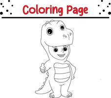 ragazzo indossare dinosauro costume pollici su colorazione libro pagina per bambini. vettore