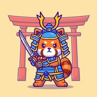 carino samurai rosso panda cartone animato vettore