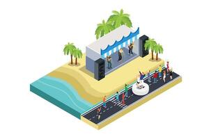 illustrazione di un' musica evento Festival su un' spiaggia con blu mare, autostrada e parcheggiata veicoli nel un' riga, 3d concetto di isometrico Visualizza di concerto festa sfondo e palcoscenico paesaggio. vettore