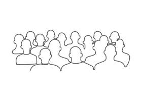 pubblico, auditorium con sedersi persone spettatore Indietro, continuo uno linea disegno. attività commerciale addestramento, conferenza, formazione scolastica persone messa. studenti silhouette, conferenza. singolo schema illustrazione vettore